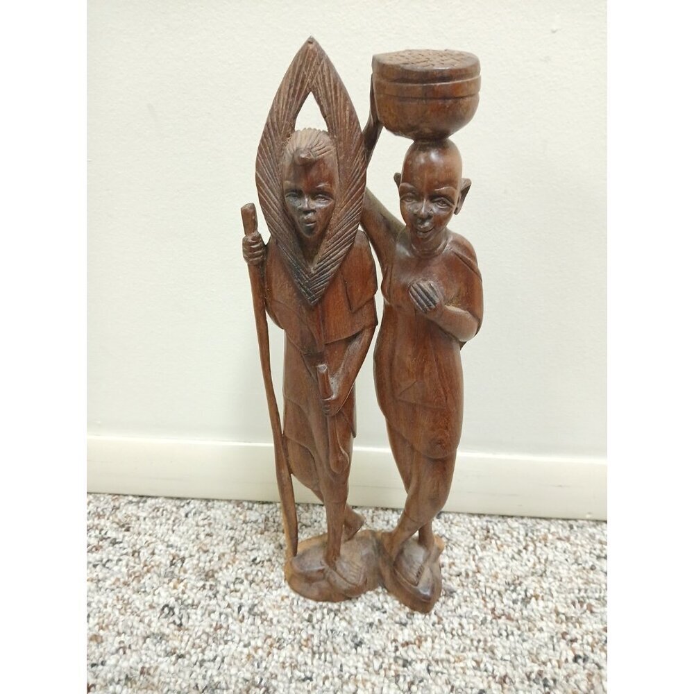 Vintage African Couple Hand Carved 12” Wood Sculpture VTG Rare Folk Art